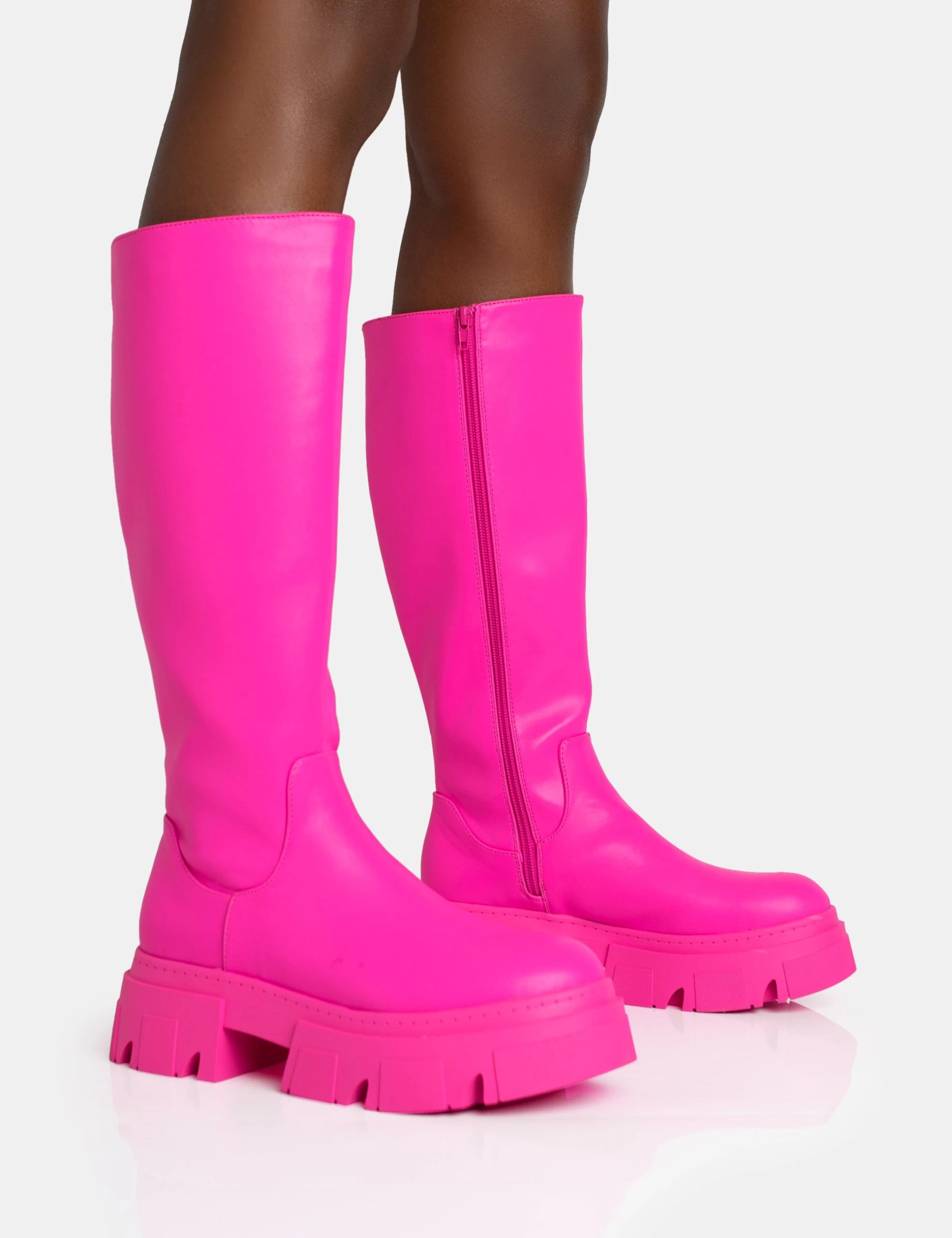 Scorpio Hot Pink Rubberised Pu Rounded Toe Chucky Sole Knee High Boots 3 Scorpio Hot Pink Rubberised Pu Rounded Toe Chucky Sole Knee High Boots