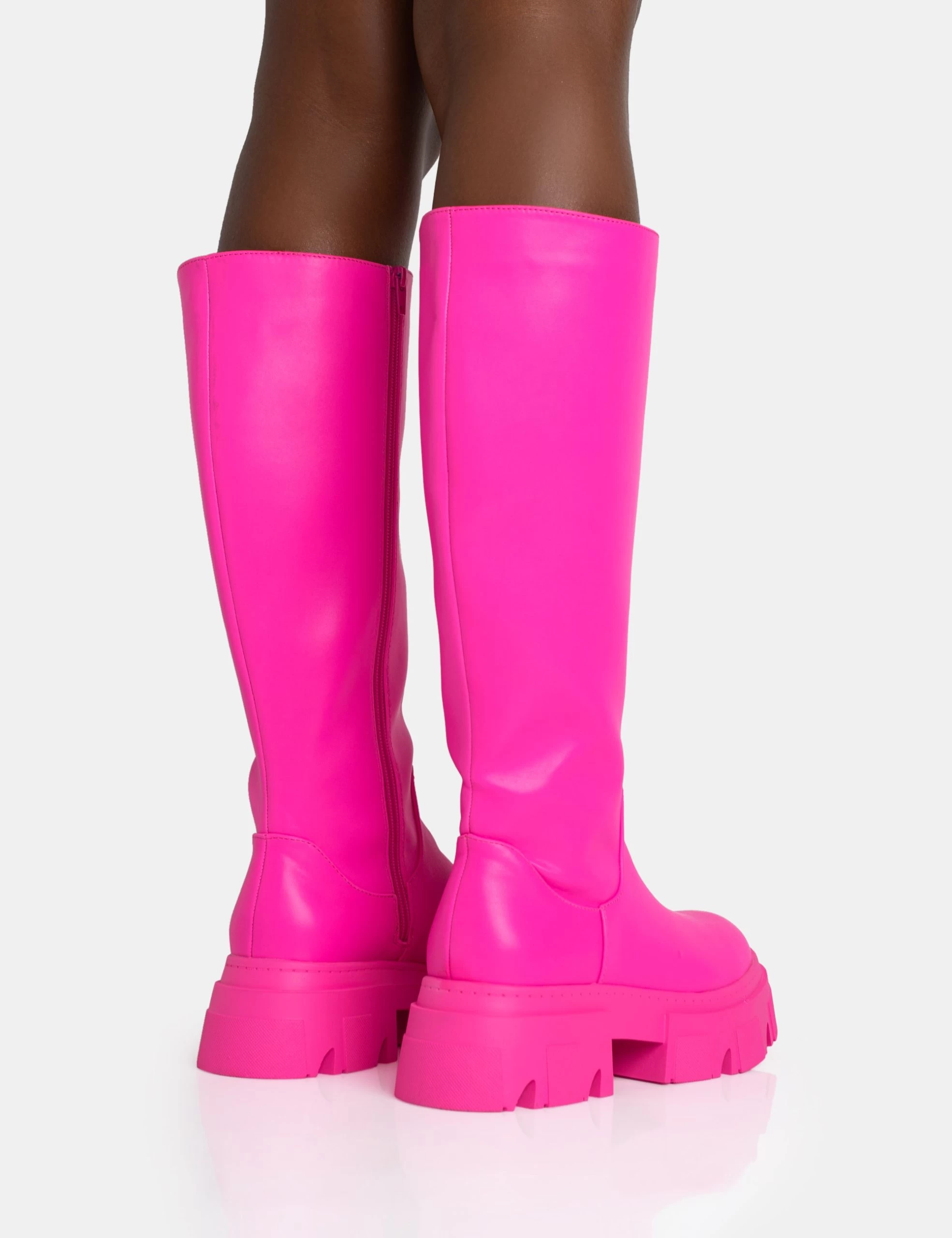 Scorpio Hot Pink Rubberised Pu Rounded Toe Chucky Sole Knee High Boots 6 Scorpio Hot Pink Rubberised Pu Rounded Toe Chucky Sole Knee High Boots - Image 4