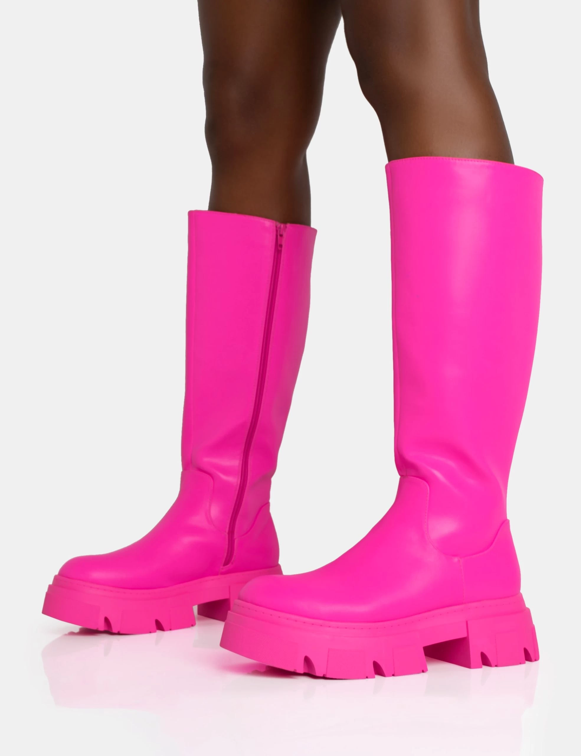 Scorpio Hot Pink Rubberised Pu Rounded Toe Chucky Sole Knee High Boots 5 Scorpio Hot Pink Rubberised Pu Rounded Toe Chucky Sole Knee High Boots - Image 3