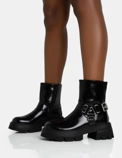 Blizzard Black Pu Silver Metal Buckle Detailed Zip Up Rounded Chunky Sole Ankle Boots -Chic Footwear Shop 771A5587