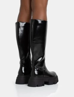 Scorpio Black Rubberised Pu Rounded Toe Chucky Sole Knee High Boots -Chic Footwear Shop 771A5591
