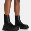 Edgy Black Pu Elasticated Ankle Rounded Chunky Sole Ankle Boots