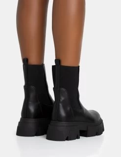 Edgy Black Pu Elasticated Ankle Rounded Chunky Sole Ankle Boots -Chic Footwear Shop 771A5599