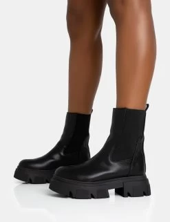 Edgy Black Pu Elasticated Ankle Rounded Chunky Sole Ankle Boots -Chic Footwear Shop 771A5600