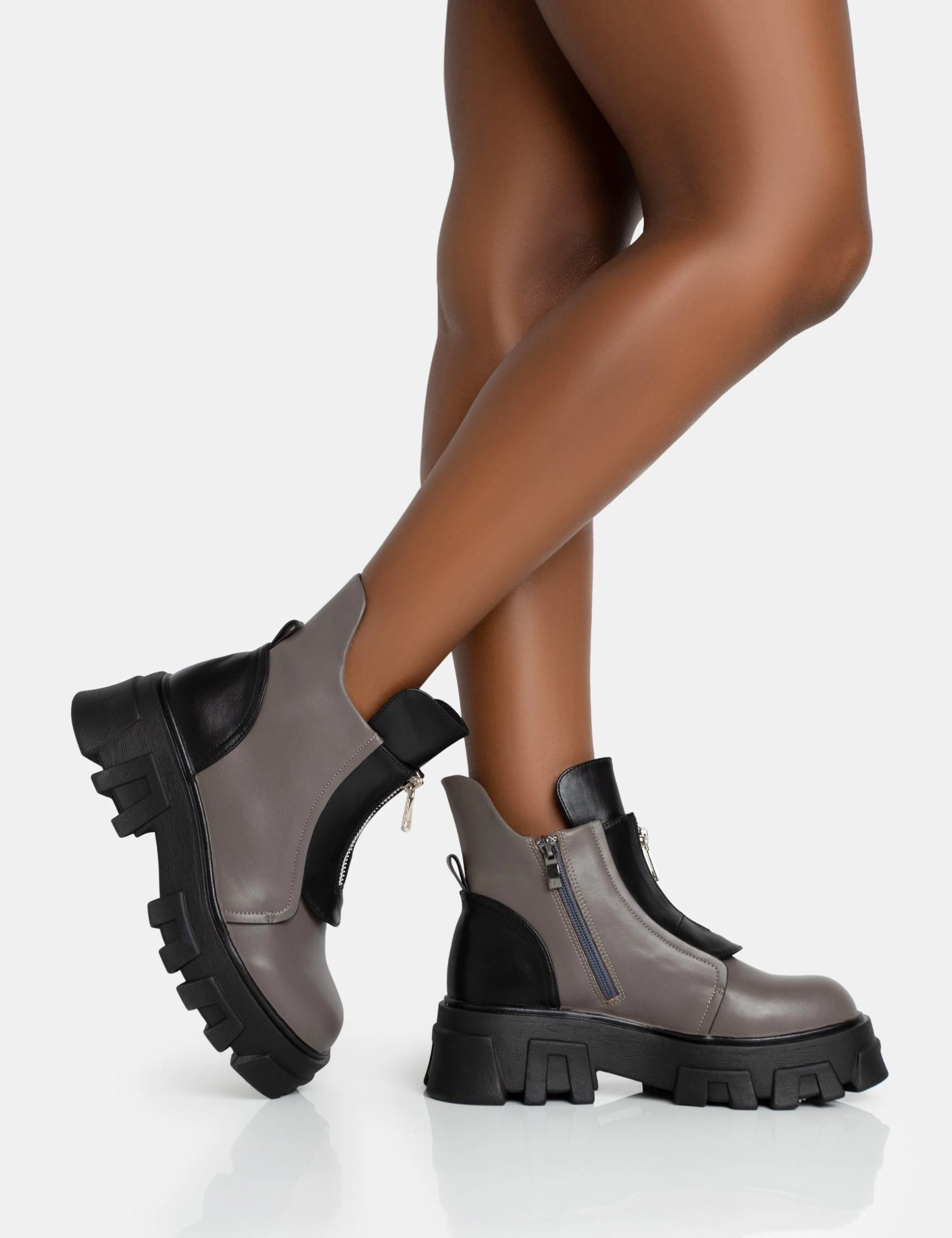 Astra Wide Fit Grey And Black Zip Front Chunky Ankle Boots 4 Astra Wide Fit Grey And Black Zip Front Chunky Ankle Boots - Image 2