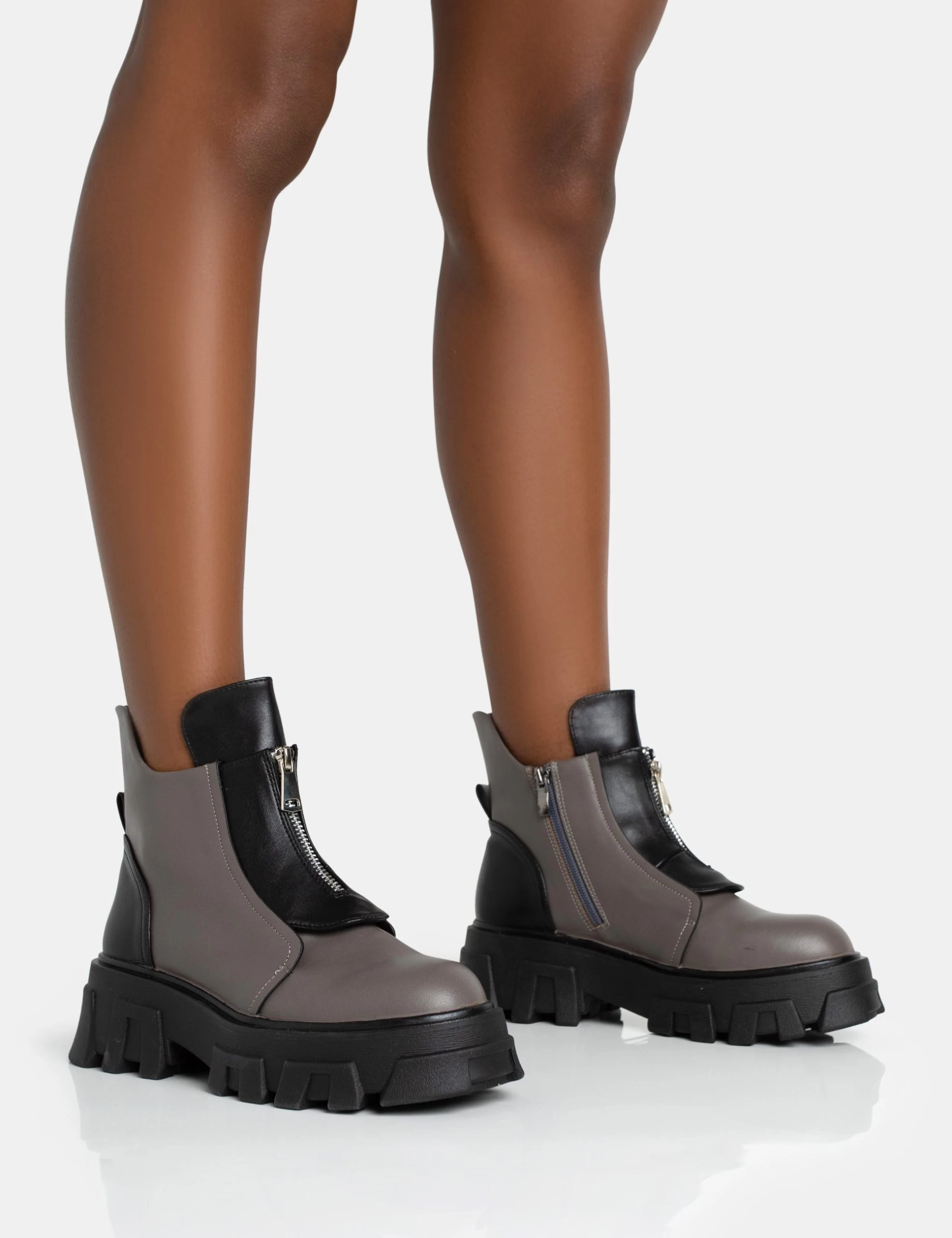 Astra Wide Fit Grey And Black Zip Front Chunky Ankle Boots 3 Astra Wide Fit Grey And Black Zip Front Chunky Ankle Boots