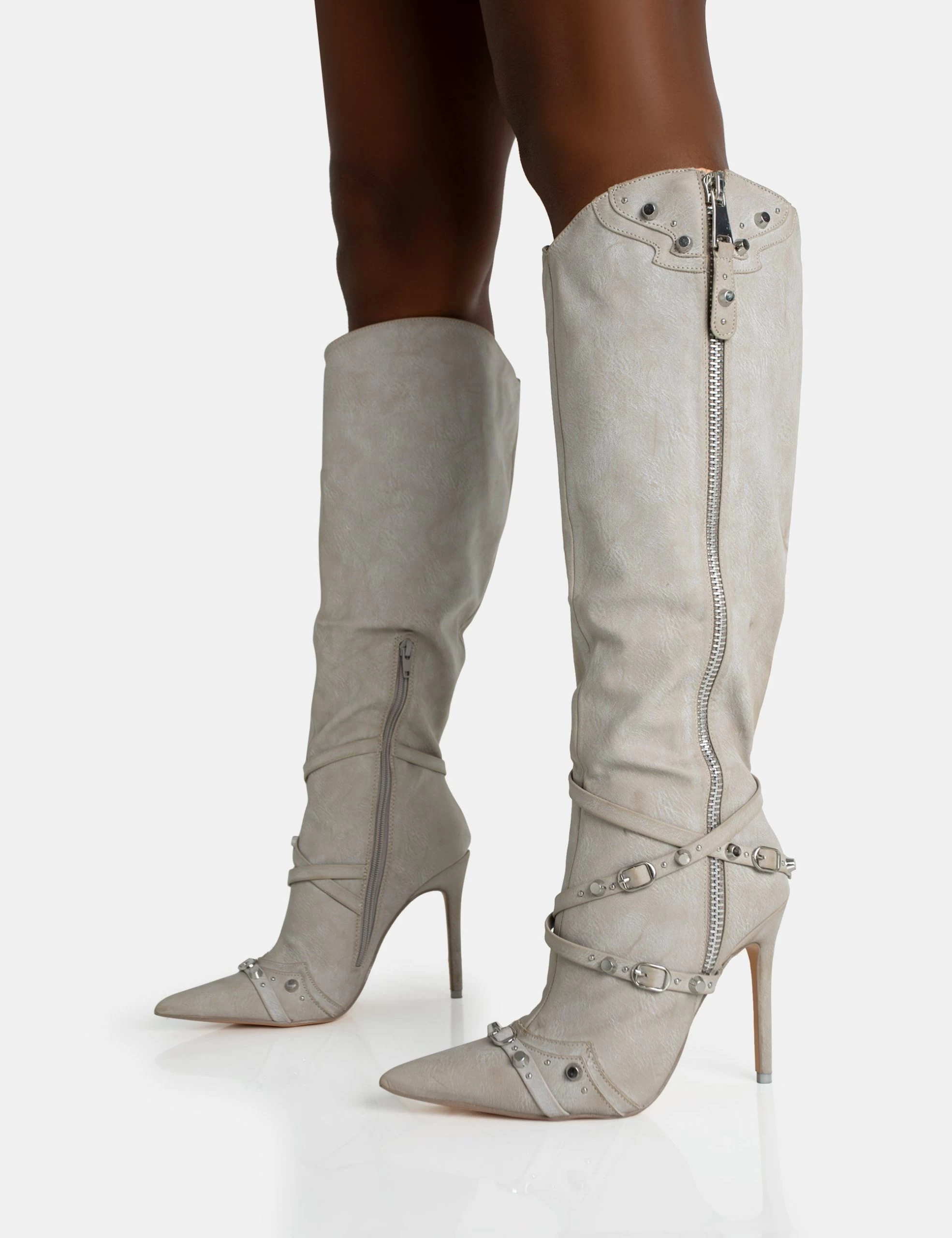 Worthy Aged Pu Studded Zip Detail Pointed Toe Stiletto Knee High Boots 5 Worthy Aged Pu Studded Zip Detail Pointed Toe Stiletto Knee High Boots - Image 3