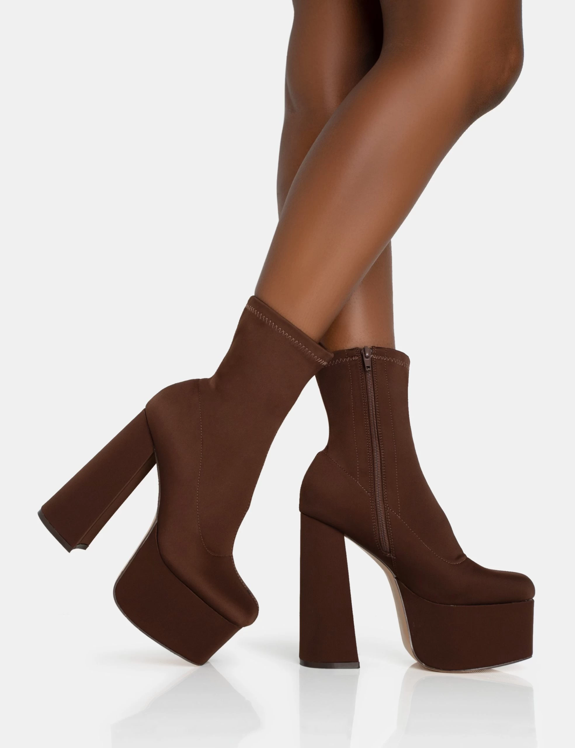Dominate Chocolate Nylon Platform Rounded Square Toe Block Heeled Ankle Boots 4 Dominate Chocolate Nylon Platform Rounded Square Toe Block Heeled Ankle Boots - Image 2