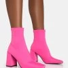 Delani Hot Pink Neoprene Zip Up Rounded Pointed Toe Block Heel Ankle Boots
