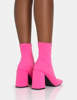 Delani Hot Pink Neoprene Zip Up Rounded Pointed Toe Block Heel Ankle Boots -Chic Footwear Shop 771A5879