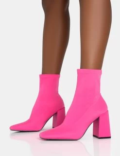 Delani Hot Pink Neoprene Zip Up Rounded Pointed Toe Block Heel Ankle Boots -Chic Footwear Shop 771A5880