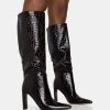 Undone Brown Patent Croc Knee High Zip Up Pointed Toe Thin Block Heeled Boots