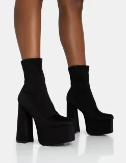 Dominate Black Nylon Platform Rounded Square Toe Block Heeled Ankle Boots