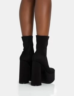 Dominate Black Nylon Platform Rounded Square Toe Block Heeled Ankle Boots -Chic Footwear Shop 771A5887