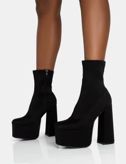 Dominate Black Nylon Platform Rounded Square Toe Block Heeled Ankle Boots -Chic Footwear Shop 771A5888