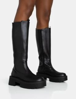 Evergreen Black Pu Knee High Elasticated Detail Chucky Heeled Sole Boots