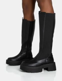 Evergreen Black Pu Knee High Elasticated Detail Chucky Heeled Sole Boots 8 Evergreen Black Pu Knee High Elasticated Detail Chucky Heeled Sole Boots -Chic Footwear Shop 771A5896