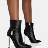 Jalan Black Pu Padlock Pointed Toe Gold Stiletto Heel Ankle Boots -Chic Footwear Shop 771A5898