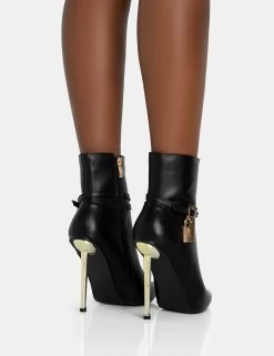 Jalan Black Pu Padlock Pointed Toe Gold Stiletto Heel Ankle Boots -Chic Footwear Shop 771A5899