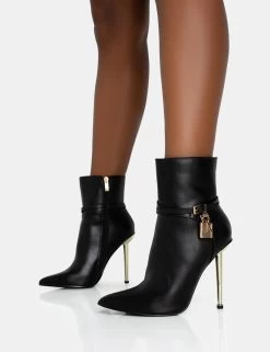 Jalan Black Pu Padlock Pointed Toe Gold Stiletto Heel Ankle Boots -Chic Footwear Shop 771A5900