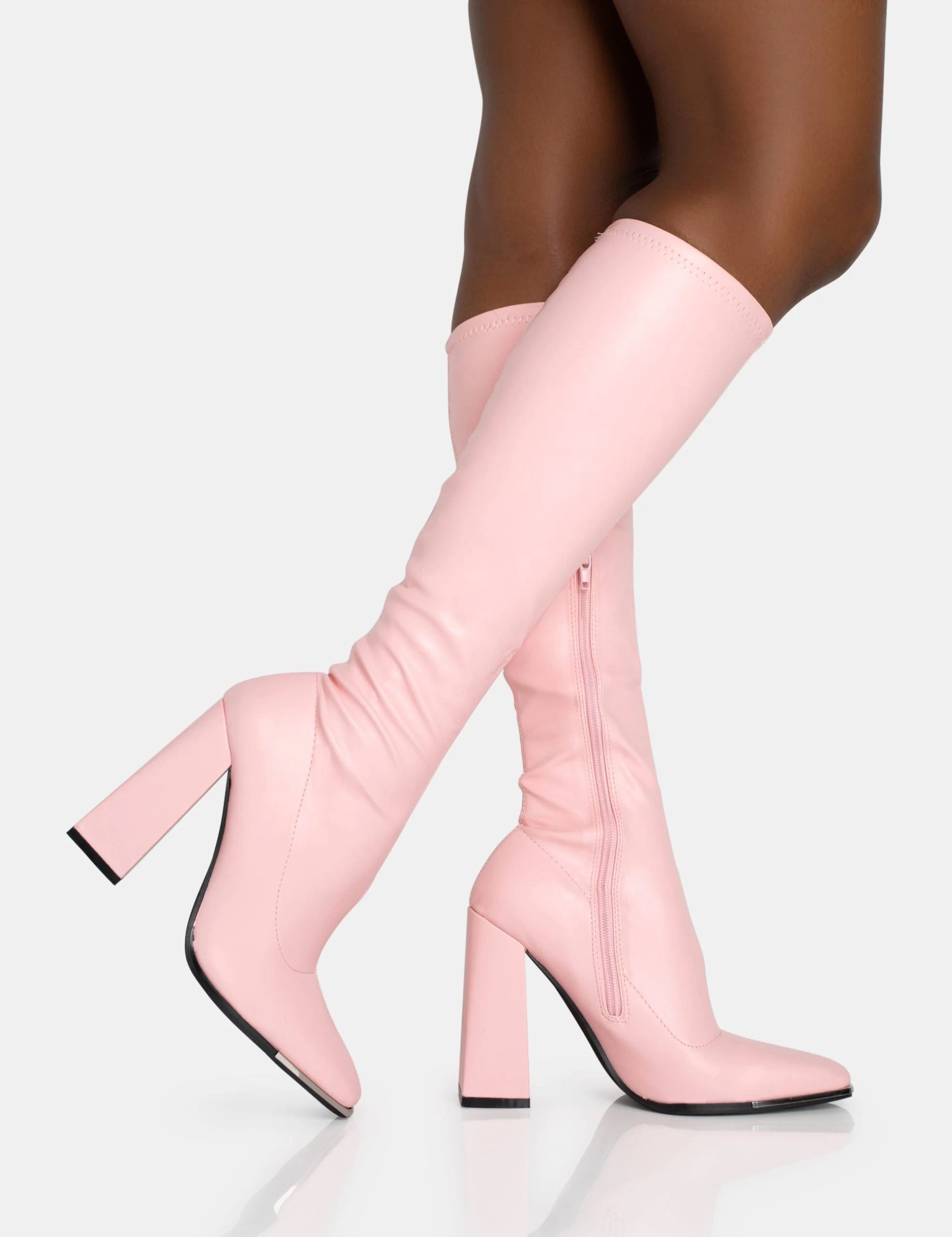 Caryn Baby Pink Pu Knee High Block Heeled Boots 4 Caryn Baby Pink Pu Knee High Block Heeled Boots - Image 2