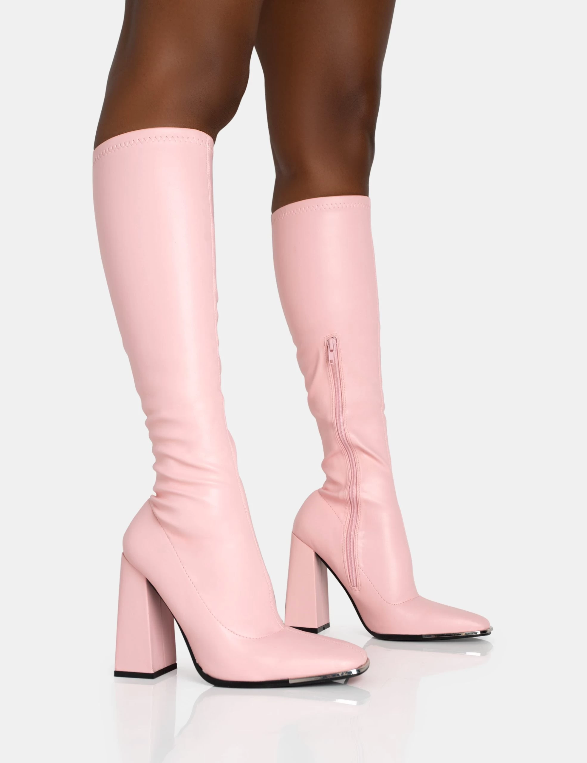 Caryn Baby Pink Pu Knee High Block Heeled Boots 3 Caryn Baby Pink Pu Knee High Block Heeled Boots