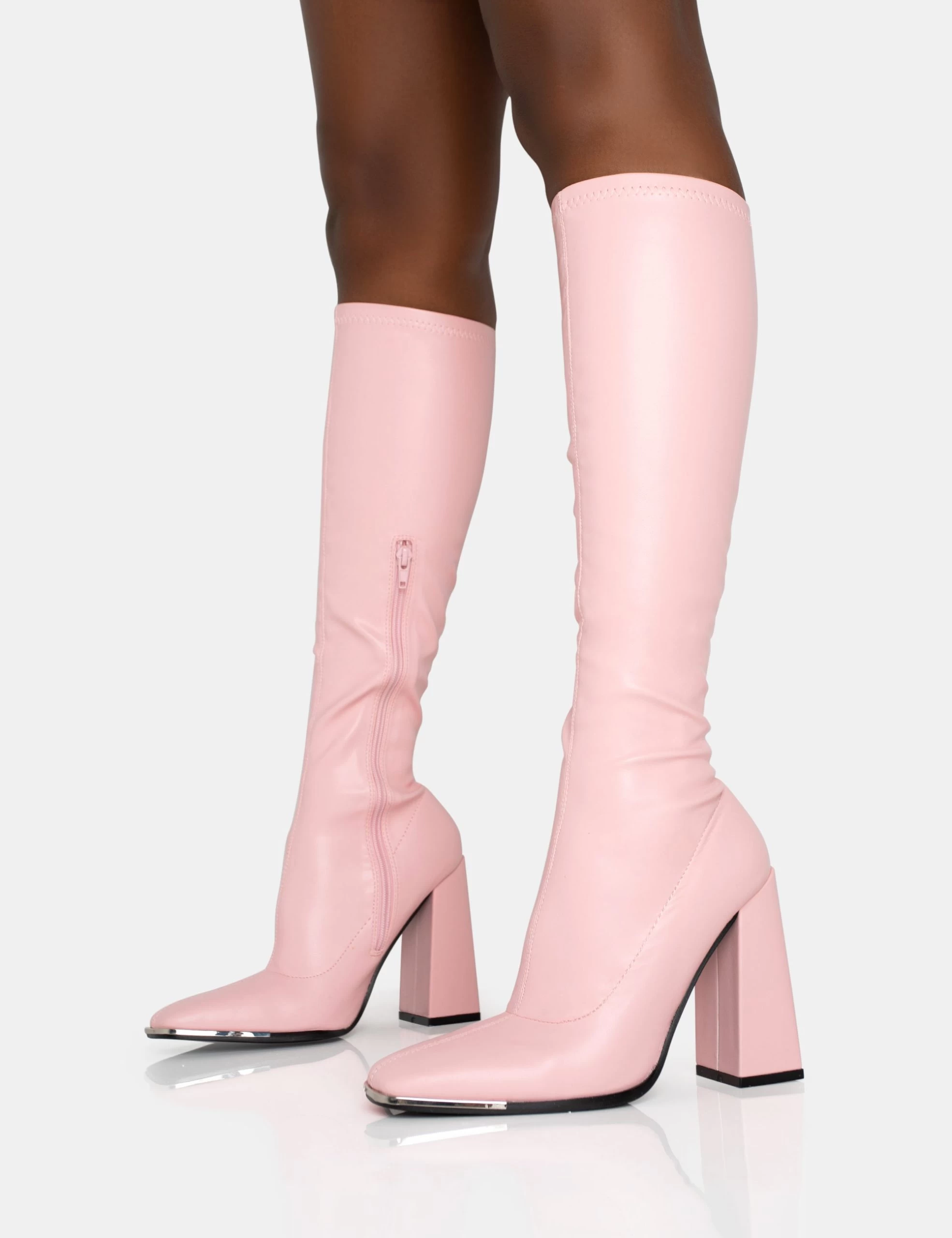 Caryn Baby Pink Pu Knee High Block Heeled Boots 5 Caryn Baby Pink Pu Knee High Block Heeled Boots - Image 3