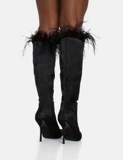 Baddie Black Satin Feather Pointed Court Stiletto Knee High Boots -Chic Footwear Shop 771A5934