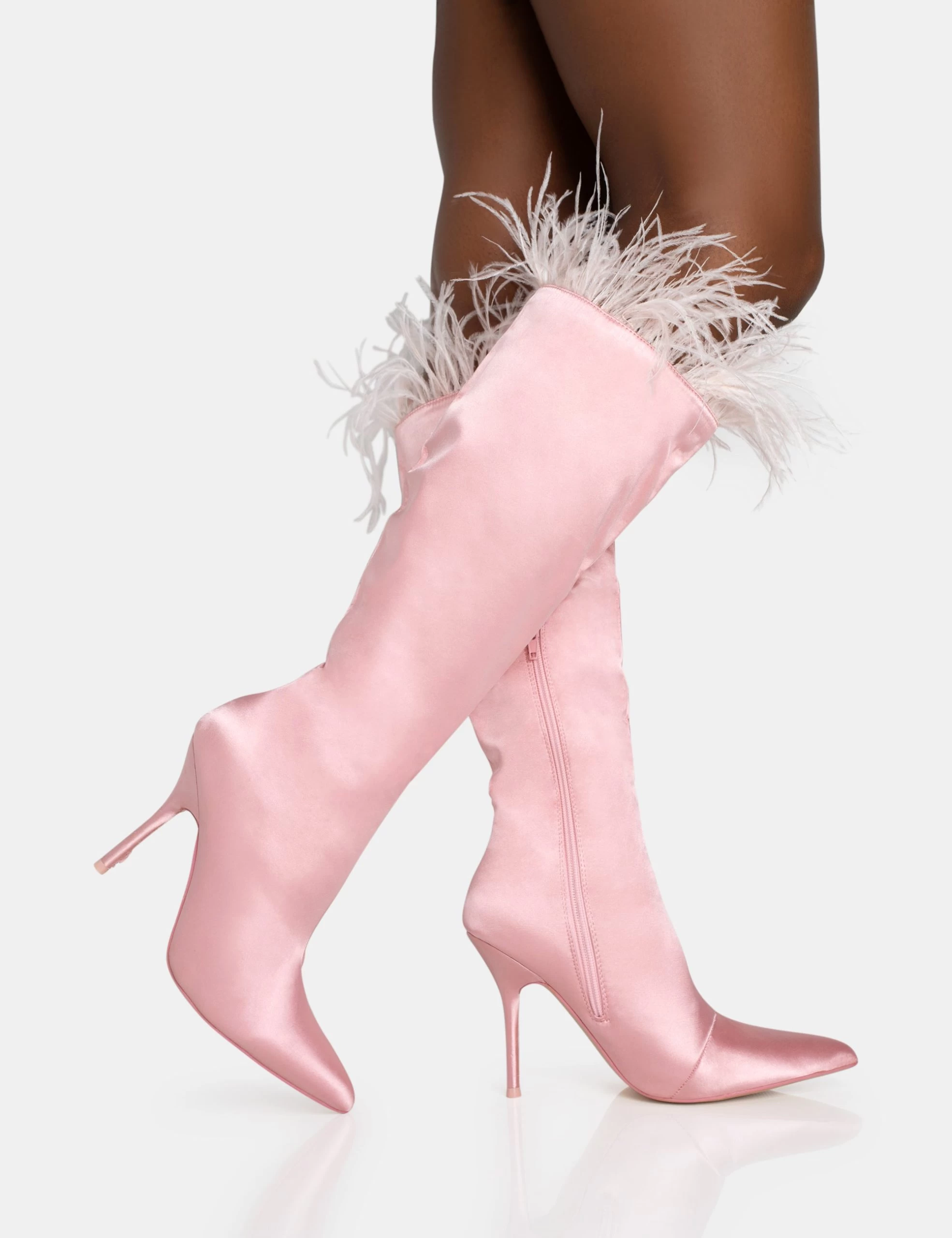 Baddie Baby Pink Satin Feather Pointed Toe Stiletto Knee High Boots 4 Baddie Baby Pink Satin Feather Pointed Toe Stiletto Knee High Boots - Image 2