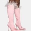 Baddie Baby Pink Satin Feather Pointed Toe Stiletto Knee High Boots