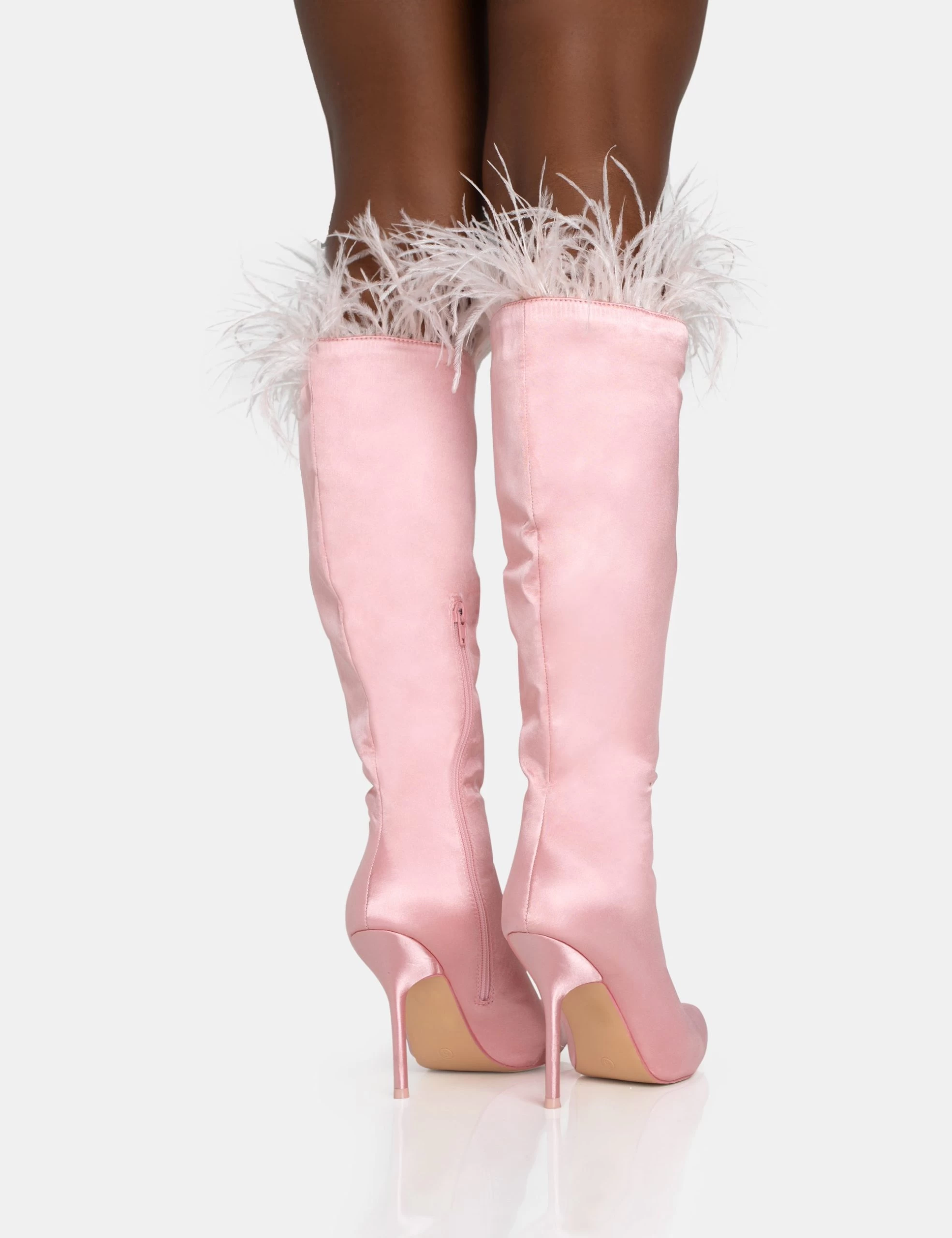 Baddie Baby Pink Satin Feather Pointed Toe Stiletto Knee High Boots 6 Baddie Baby Pink Satin Feather Pointed Toe Stiletto Knee High Boots - Image 4