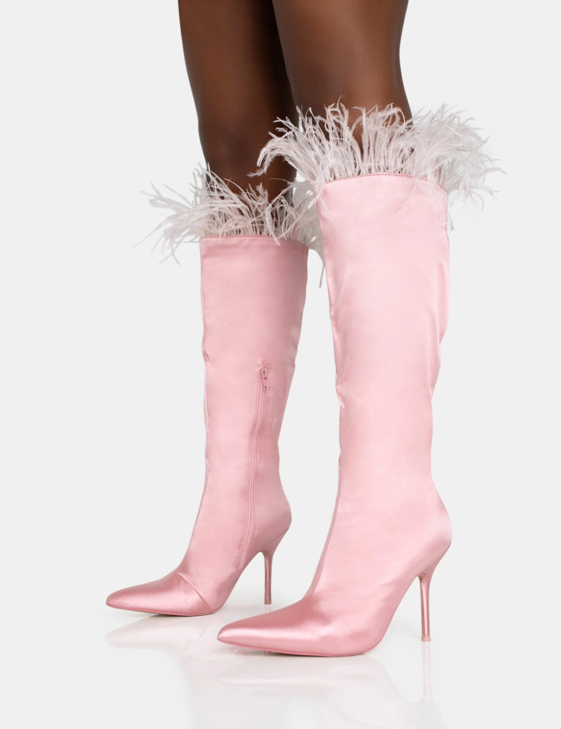 Baddie Baby Pink Satin Feather Pointed Toe Stiletto Knee High Boots 5 Baddie Baby Pink Satin Feather Pointed Toe Stiletto Knee High Boots - Image 3