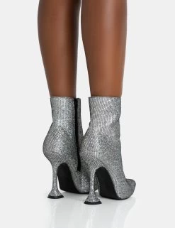 Arabella SIlver Glitter Pointed Toe Cake Stand Heeled Ankle Boots -Chic Footwear Shop 771A5946