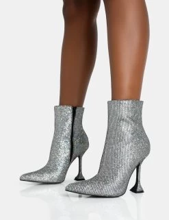 Arabella SIlver Glitter Pointed Toe Cake Stand Heeled Ankle Boots -Chic Footwear Shop 771A5947