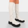 On Point Ecru Black PU Chunky Sole Knee High Boots