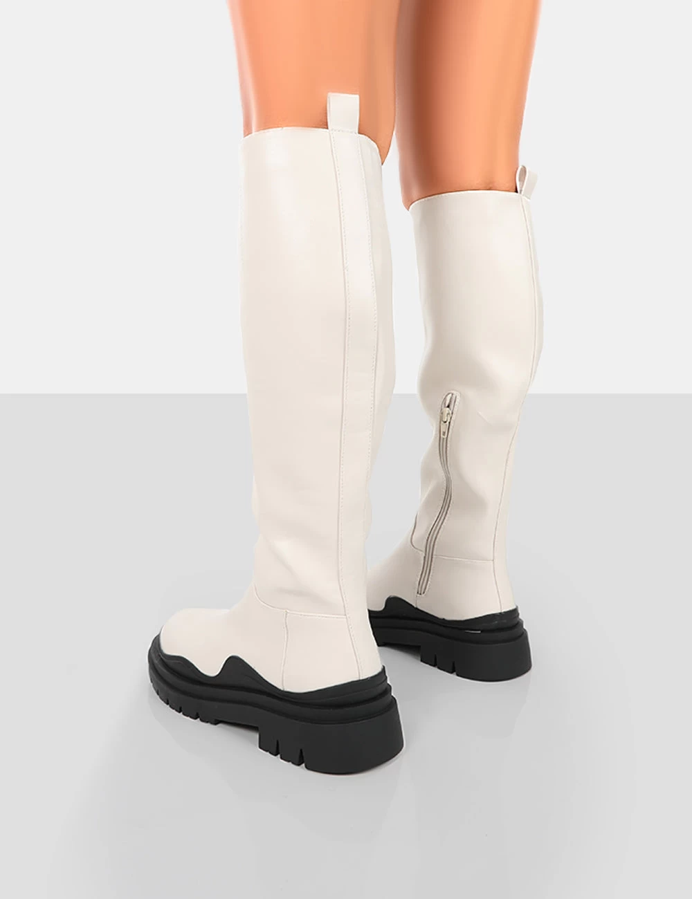 On Point Ecru Black PU Chunky Sole Knee High Boots 4 On Point Ecru Black PU Chunky Sole Knee High Boots - Image 2