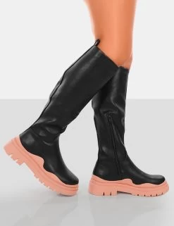 On Point Pink Black PU Chunky Sole Knee High Boots 8 On Point Pink Black PU Chunky Sole Knee High Boots -Chic Footwear Shop 771A6346copy