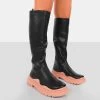 On Point Pink Black PU Chunky Sole Knee High Boots 1 On Point Pink Black PU Chunky Sole Knee High Boots -Chic Footwear Shop 771A6347