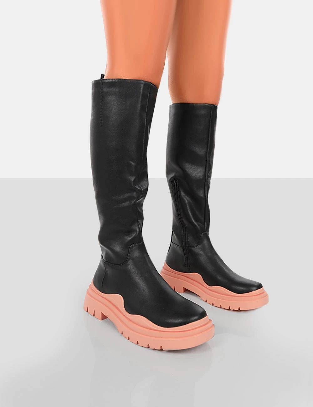 On Point Pink Black PU Chunky Sole Knee High Boots 3 On Point Pink Black PU Chunky Sole Knee High Boots
