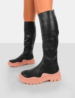 On Point Pink Black PU Chunky Sole Knee High Boots 9 On Point Pink Black PU Chunky Sole Knee High Boots -Chic Footwear Shop 771A6349