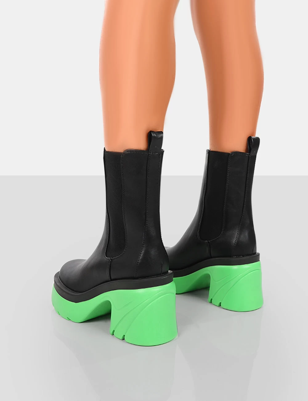 Step Up Black Green PU Platform Chunky Sole Heeled Ankle Boots 4 Step Up Black Green PU Platform Chunky Sole Heeled Ankle Boots - Image 2