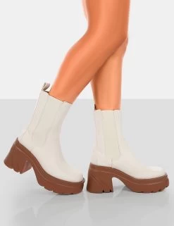 Step Up Ecru Brown PU Platform Chunky Sole Heeled Ankle Boots -Chic Footwear Shop 771A6358copy