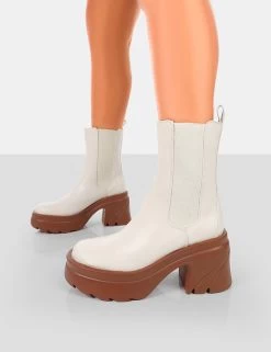 Step Up Ecru Brown PU Platform Chunky Sole Heeled Ankle Boots -Chic Footwear Shop 771A6361