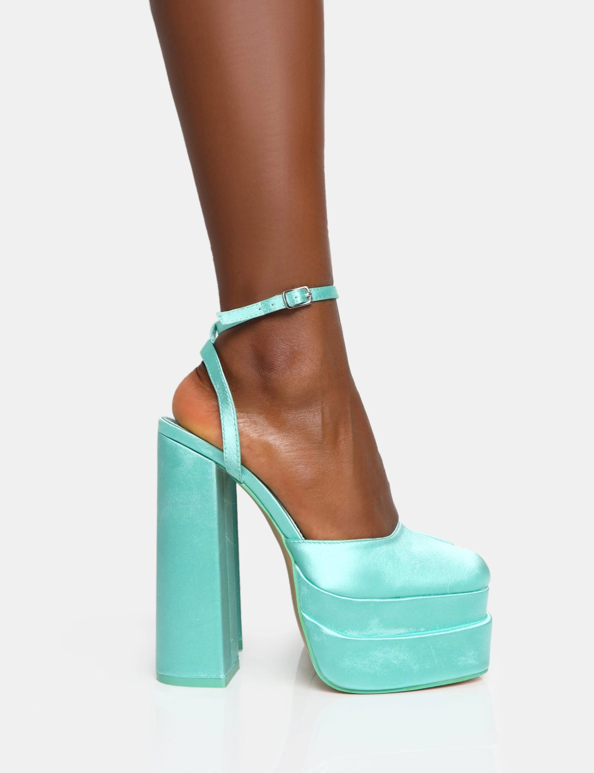 Moonchild Turquoise Satin Closed Toe Statement Platform Block Heels 3 Moonchild Turquoise Satin Closed Toe Statement Platform Block Heels