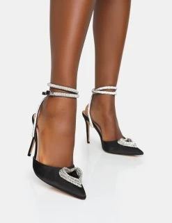Cupid Black Satin Diamante Heart Wrap Around Pointed Toe Stiletto Heels