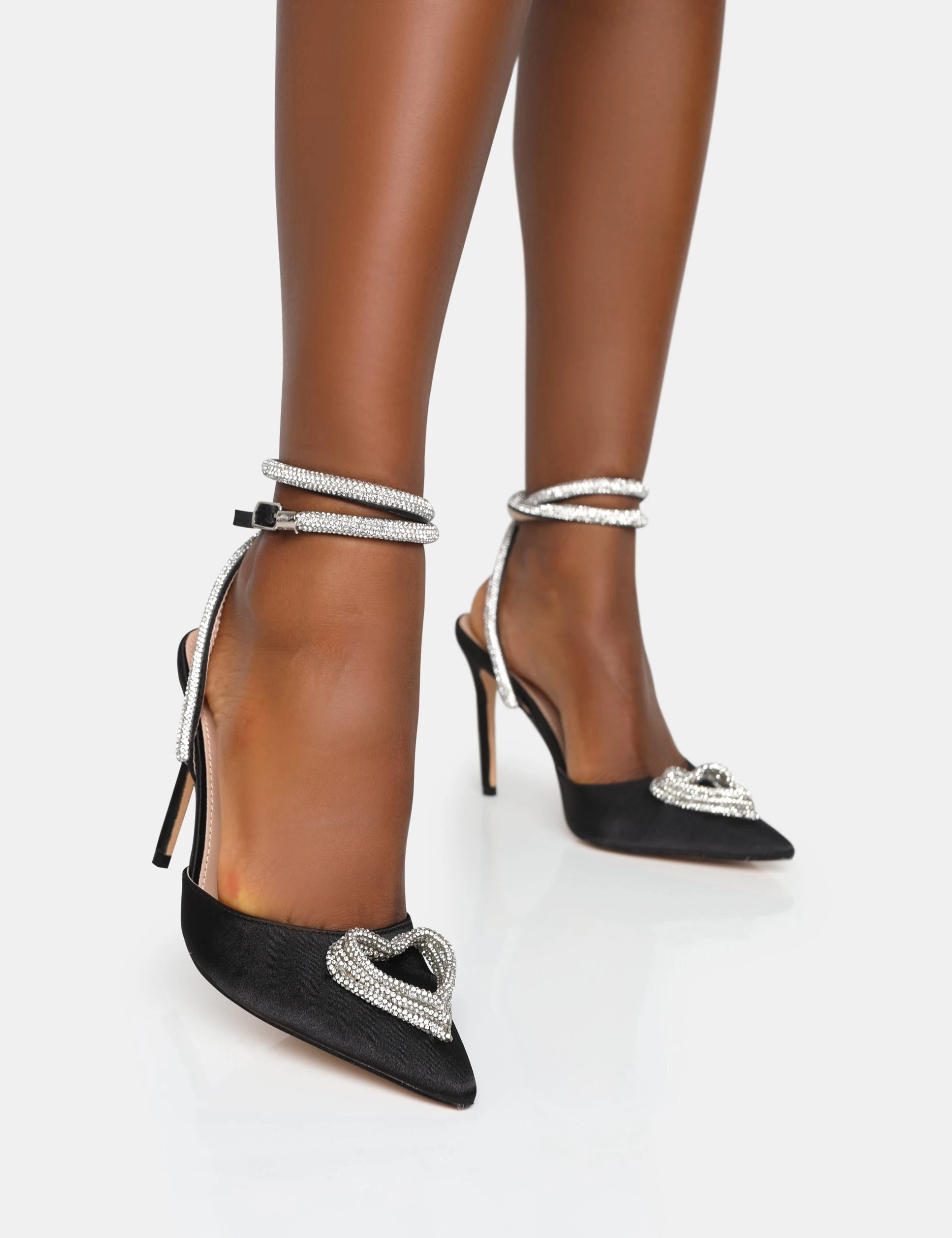 Cupid Black Satin Diamante Heart Wrap Around Pointed Toe Stiletto Heels 3 Cupid Black Satin Diamante Heart Wrap Around Pointed Toe Stiletto Heels