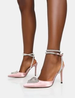 Cupid Baby Pink Satin Diamante Wrap Around Pointed Court Stiletto Heels -Chic Footwear Shop 771A6725