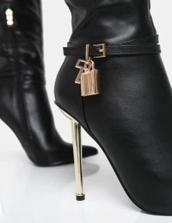 Jayden Black Pu Padlock Detail Pointed Toe Gold Stiletto Heel Knee High Boots 9 Jayden Black Pu Padlock Detail Pointed Toe Gold Stiletto Heel Knee High Boots -Chic Footwear Shop 771A6743