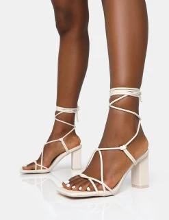 Noor Wide Fit Ecru Pu Lace Up Square Toe Mid Block Heels -Chic Footwear Shop 771A6765