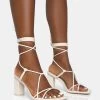 Noor Wide Fit Ecru Pu Lace Up Square Toe Mid Block Heels